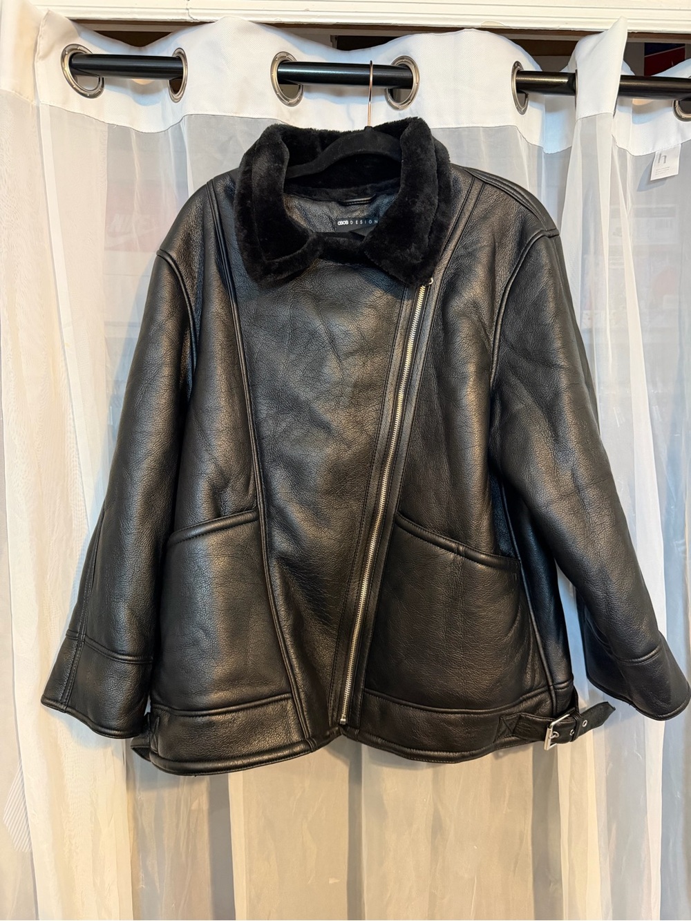 ASOS Petite Black Faux-Leather Aviator Jacket with Shearling Collar